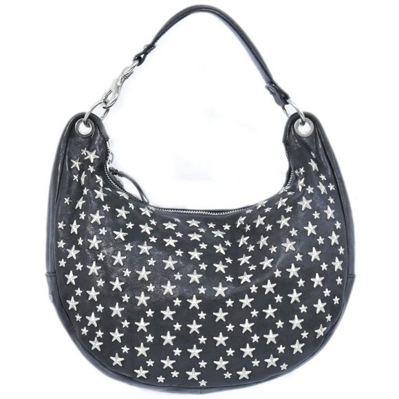 Jimmy Choo Star Studs Leather Hobo Shoulder Bag Black Silver